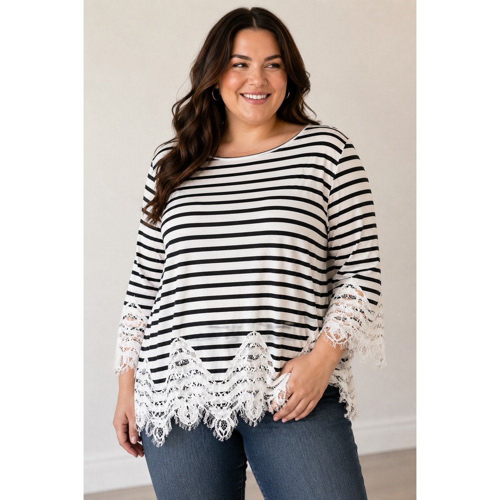White House Black Market Striped Lace Trim Top XL Black White 3/4 Sleeve Knit